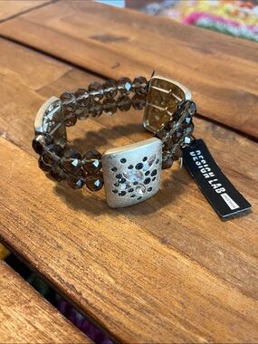 Smoky Bead Stretch Bracelet with Decorative Silver Panels